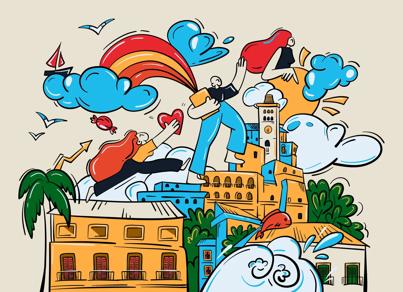 Illustration: redheads and their team climbing over a sunny old town towards a rainbow, a heart and a rising arrow
