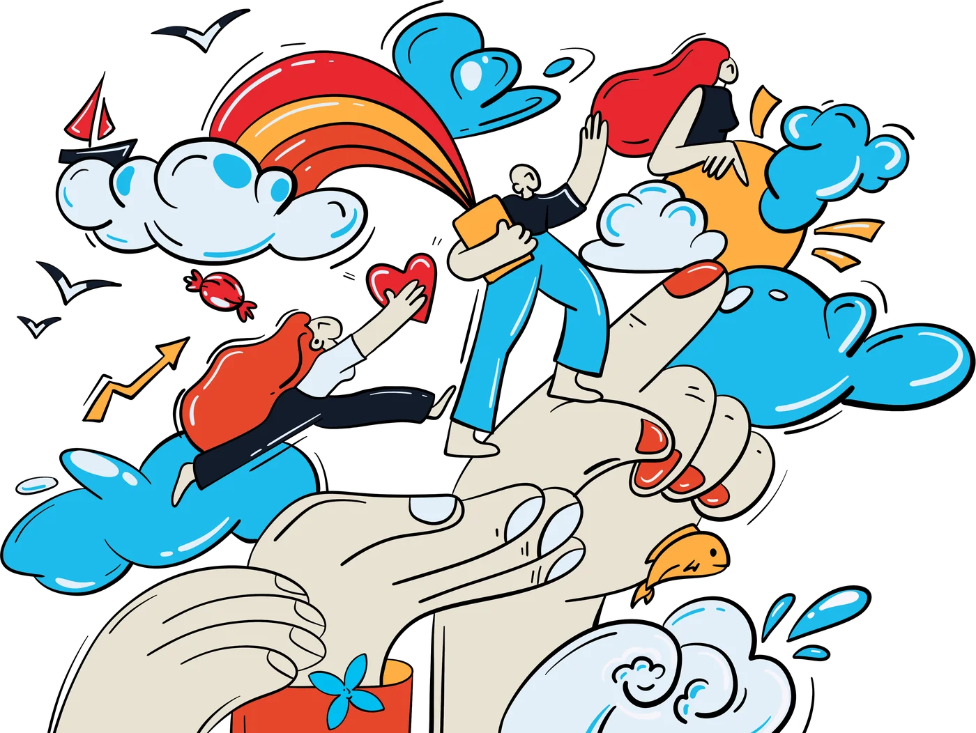Illustration: the team behind the catalog climbing over a giant hand towards a rainbow, a heart and a rising arrow