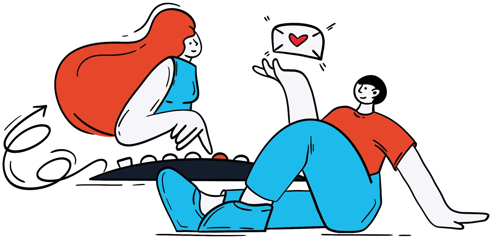 Illustration: a redhead at the keyboard sends a letter with a heart, and a colleague catches it